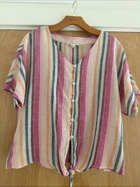 Breezy Sunset Striped Linen Blend Blouse, BeachLunchLounge, Small